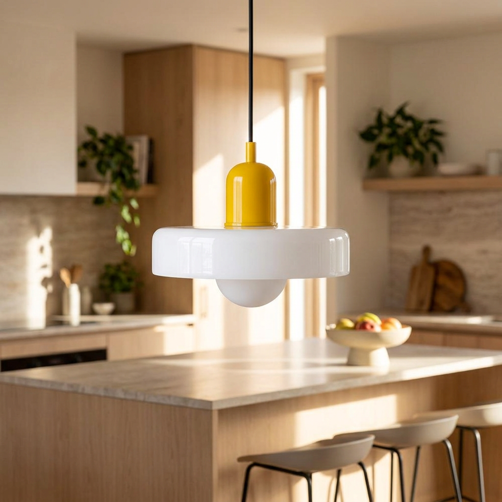 Yellow lamp body with white glass shade
