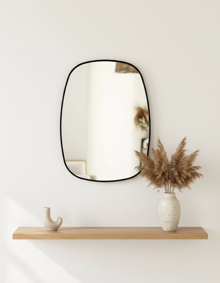 Pebble Shaped Wall Mirror with Sturdy Black Metal Frame | Modern Design for Stylish Interiors