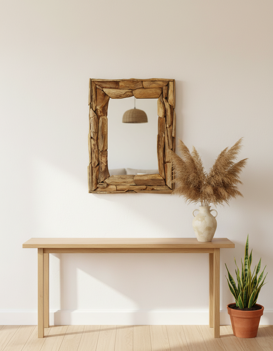Elegant Rectangular Wall Mirror | Recycled Teak Frame with Versatile Mounting Options for Bathroom and Home Decor