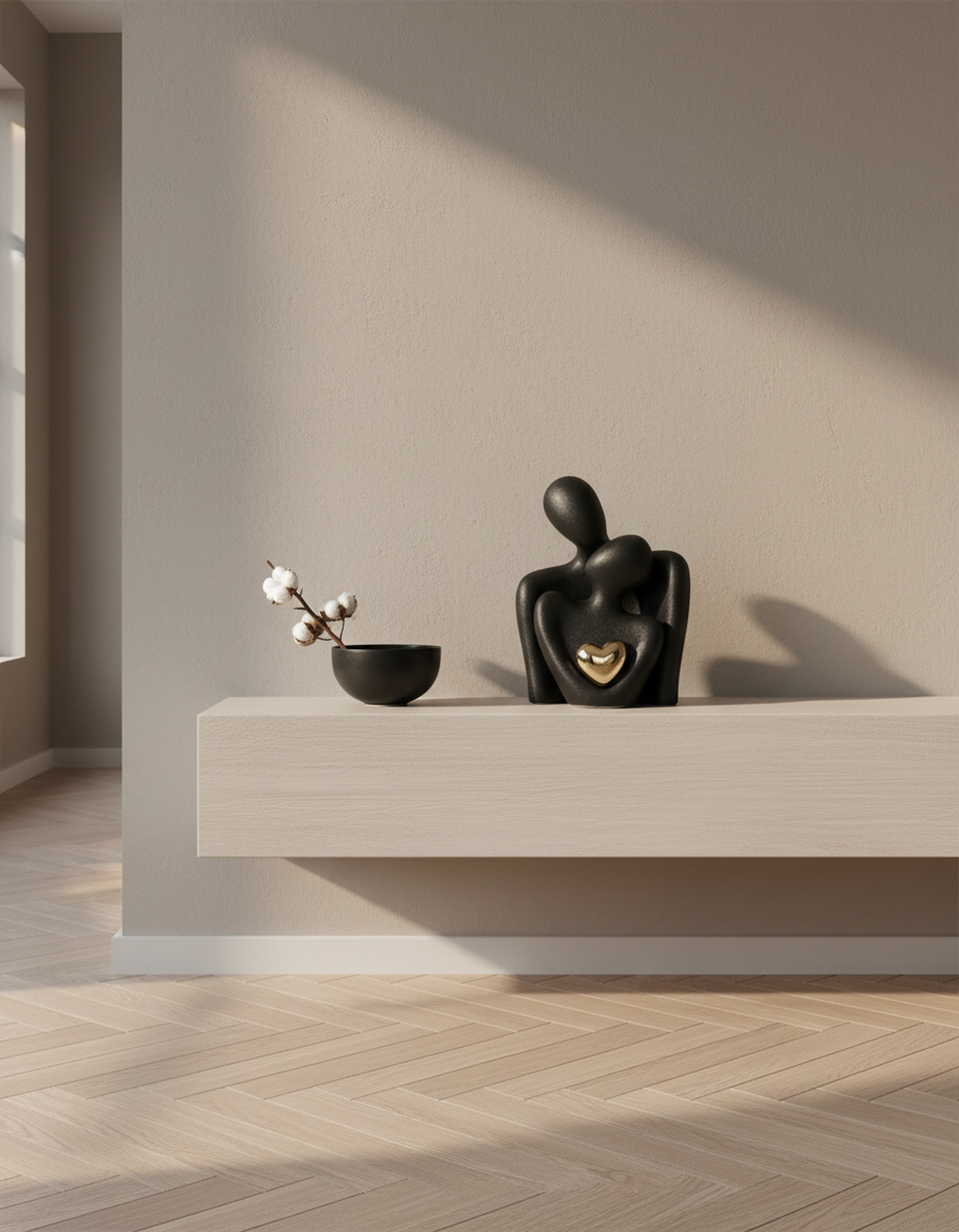 Elegant Abstract Lovers Figurine | Minimalist Sculpture with Golden Heart | Perfect Gift for Love and Harmony