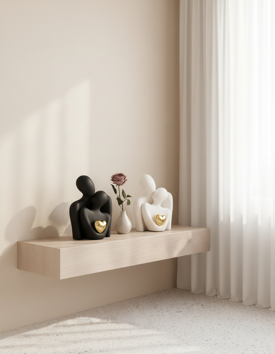 Elegant Abstract Lovers Figurine | Minimalist Sculpture with Golden Heart | Perfect Gift for Love and Harmony