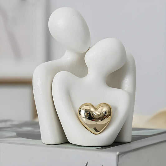 Elegant Abstract Lovers Figurine | Minimalist Sculpture with Golden Heart | Perfect Gift for Love and Harmony