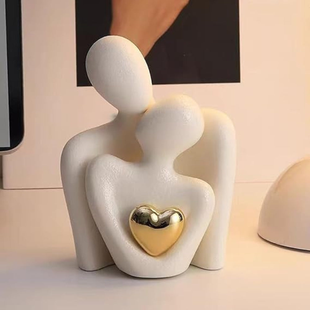 Elegant Abstract Lovers Figurine | Minimalist Sculpture with Golden Heart | Perfect Gift for Love and Harmony