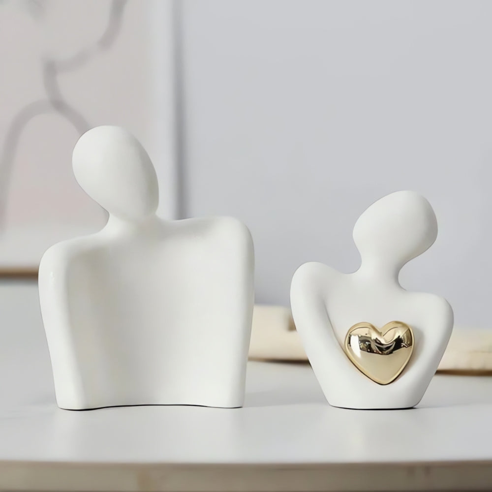 Elegant Abstract Lovers Figurine | Minimalist Sculpture with Golden Heart | Perfect Gift for Love and Harmony
