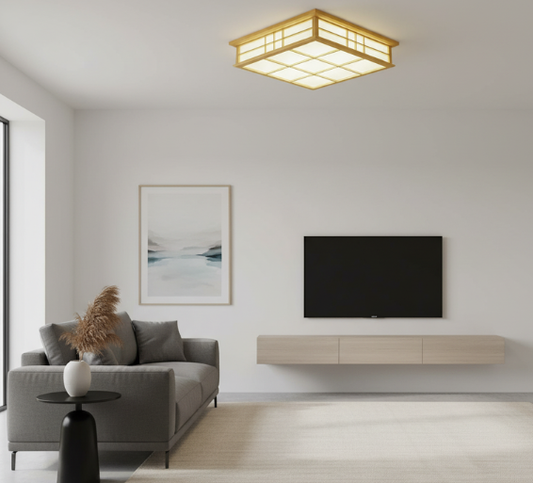 Elegant Flush Mount Ceiling Light | Japanese Wooden Design with Dimmable Options for Ambient Illumination 0