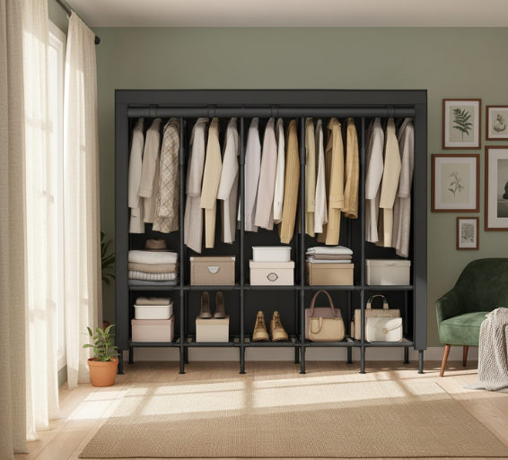 Portable Closet Organizer Systems with 5 Hanging Rods & Shelves | Space-Saving Storage Solution for Home