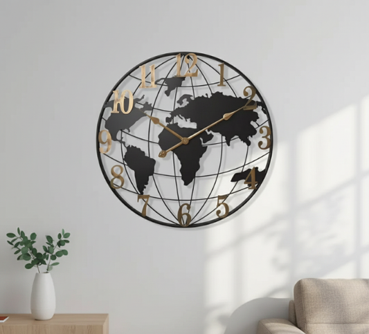 World Map Wall Clock | Large Modern Design with Silent Quartz Movement | Unique Wall Clock Decor for Living Room