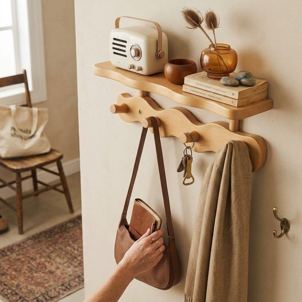 Natural Bamboo Wall Rack with Hooks