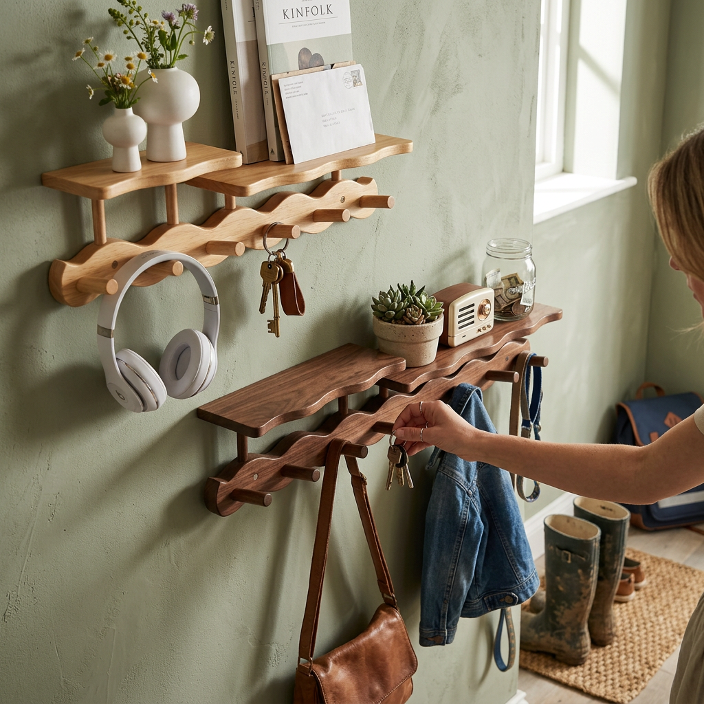 Natural Bamboo Wall Rack with Hooks