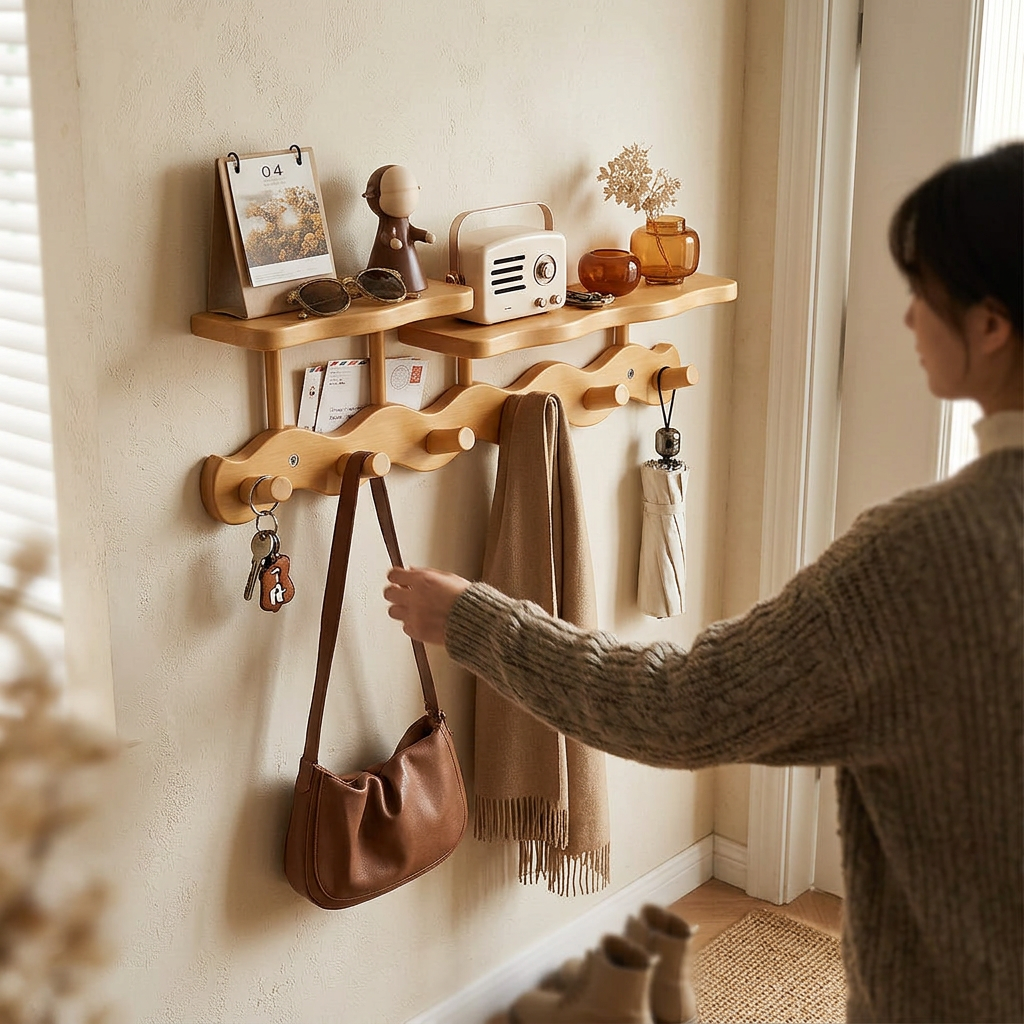 Natural Bamboo Wall Rack with Hooks