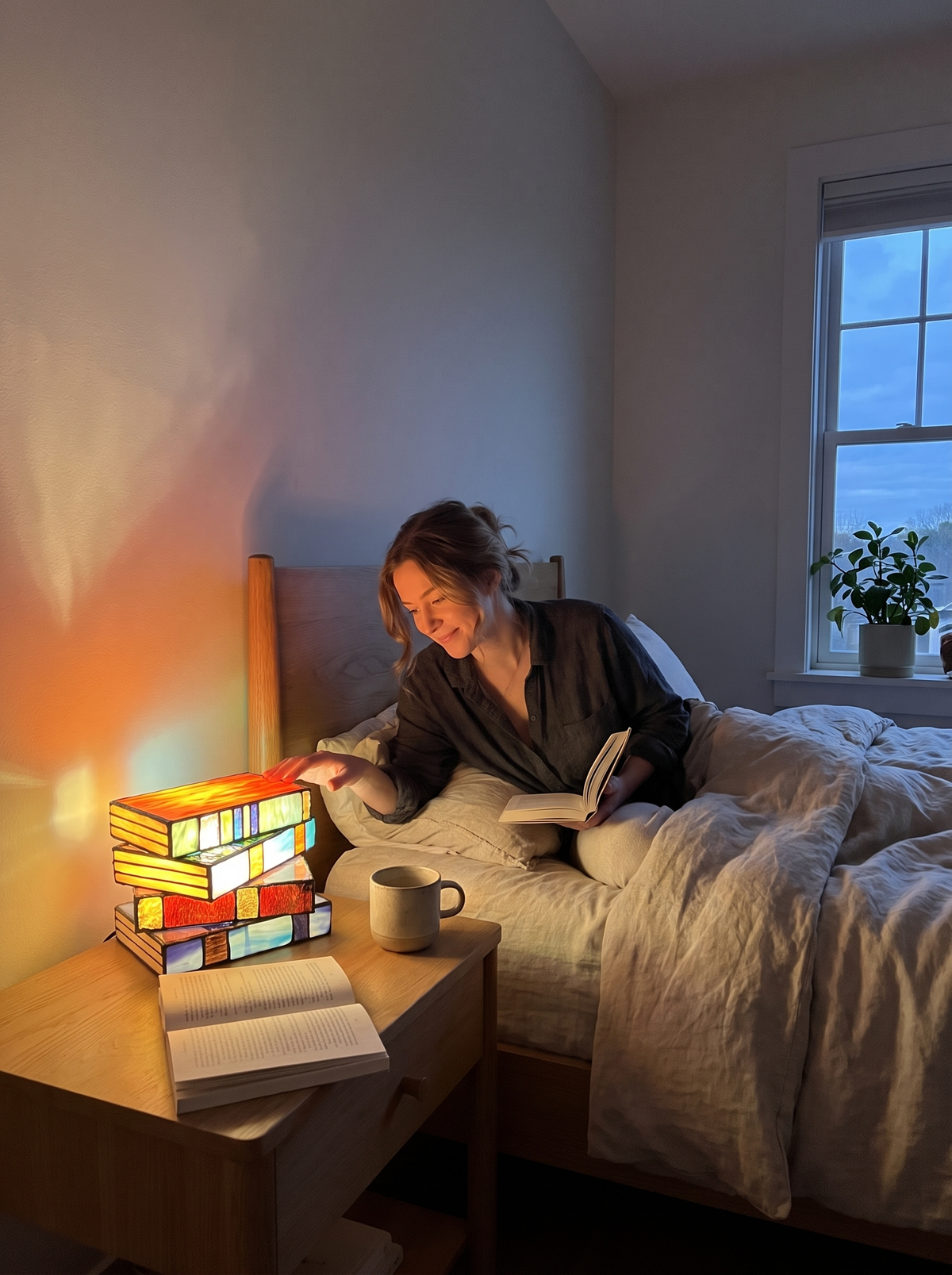 Stained glass book stack table lamp lifestyle 2