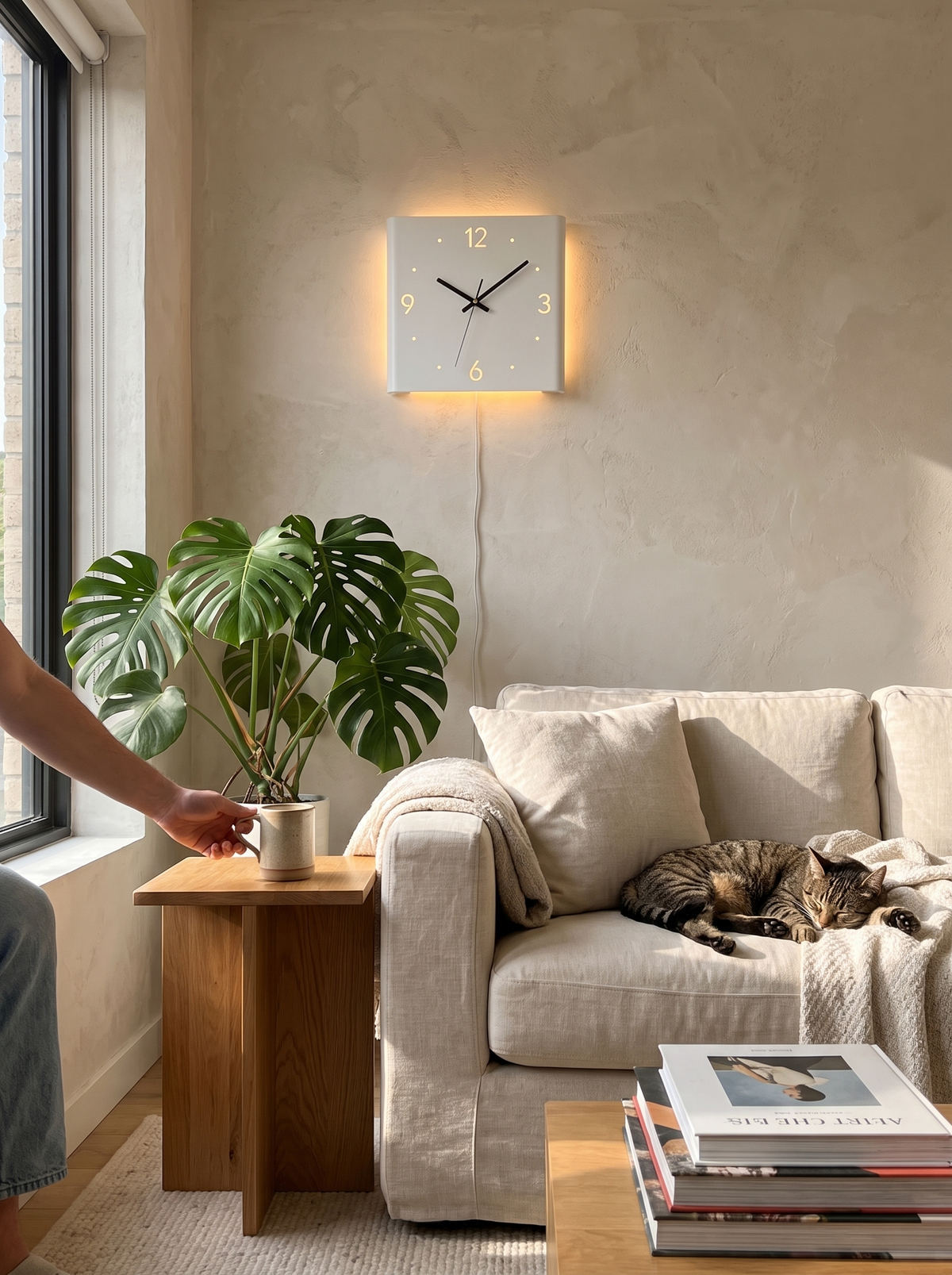Double sided square wall clock in a lifestyle setting, Clean Lines, Modern Glow