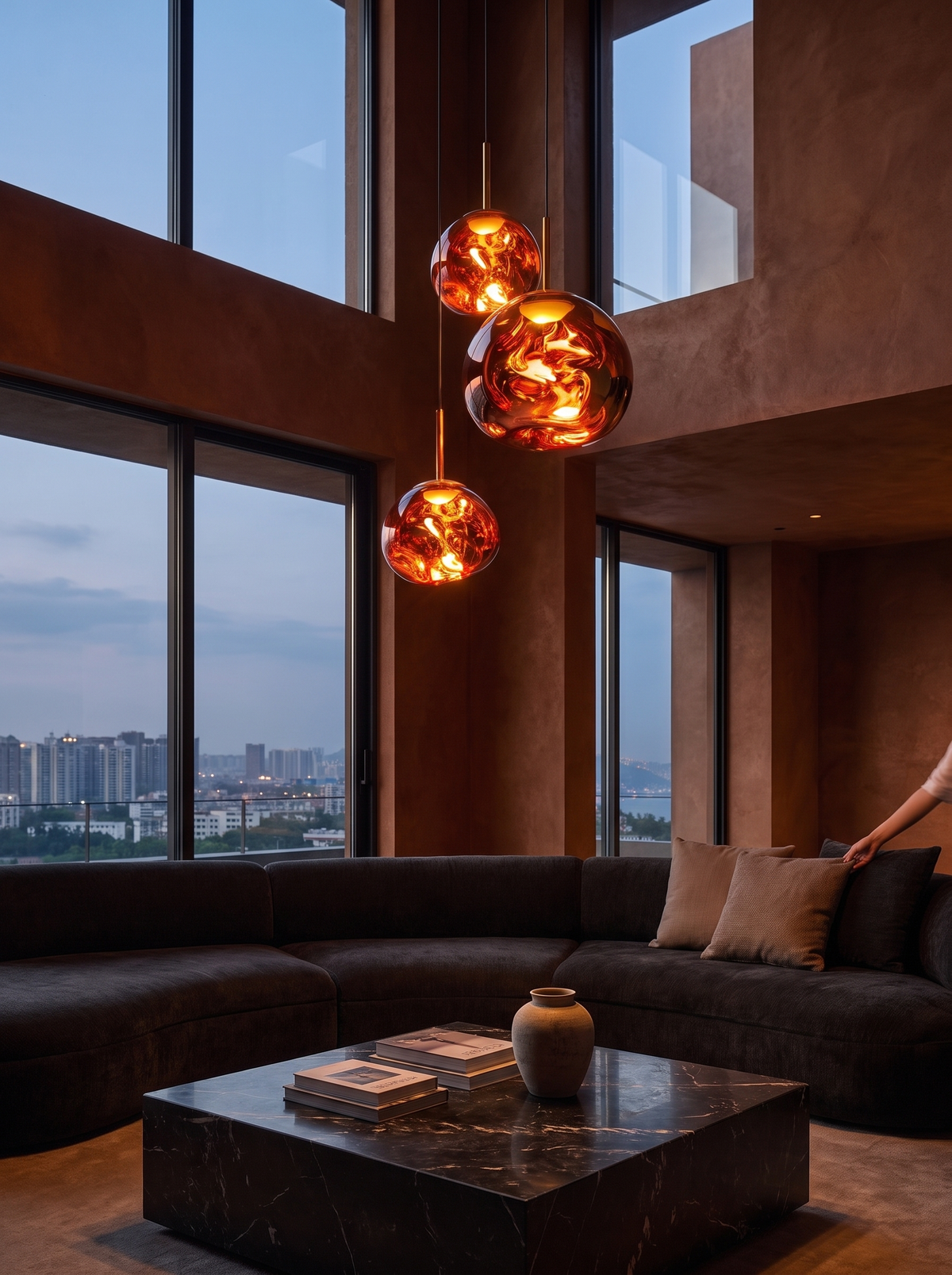 Sculptural Melt modular pendant light, made for tall spaces