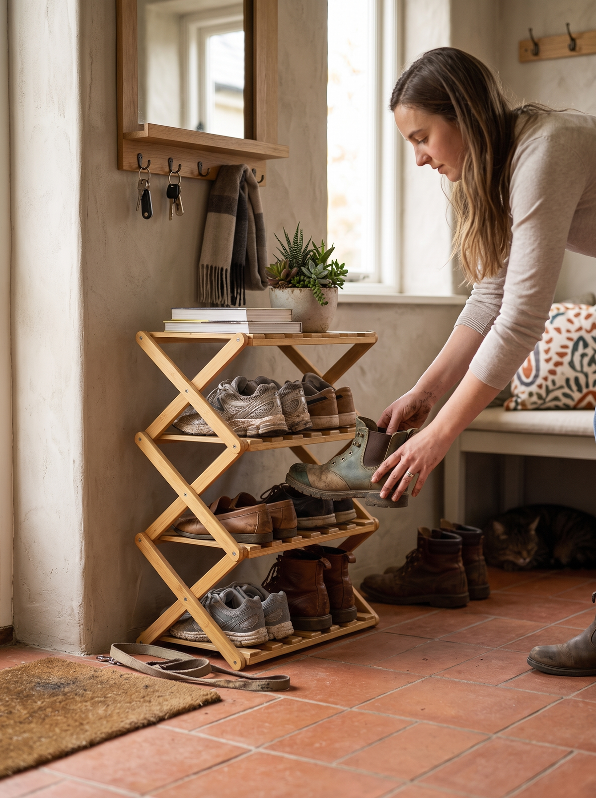 Foldable bamboo tiered storage rack lifestyle 1