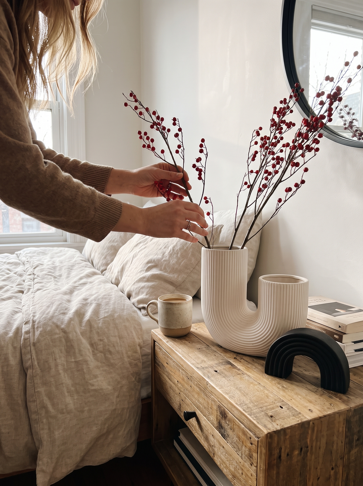 Large white U shaped ceramic vase in a lifestyle setting, Crafted in Quality Ceramic