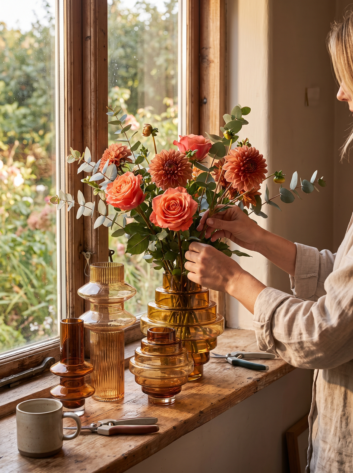 Amber glass geometric vase in a lifestyle setting, Made for Your Blooms