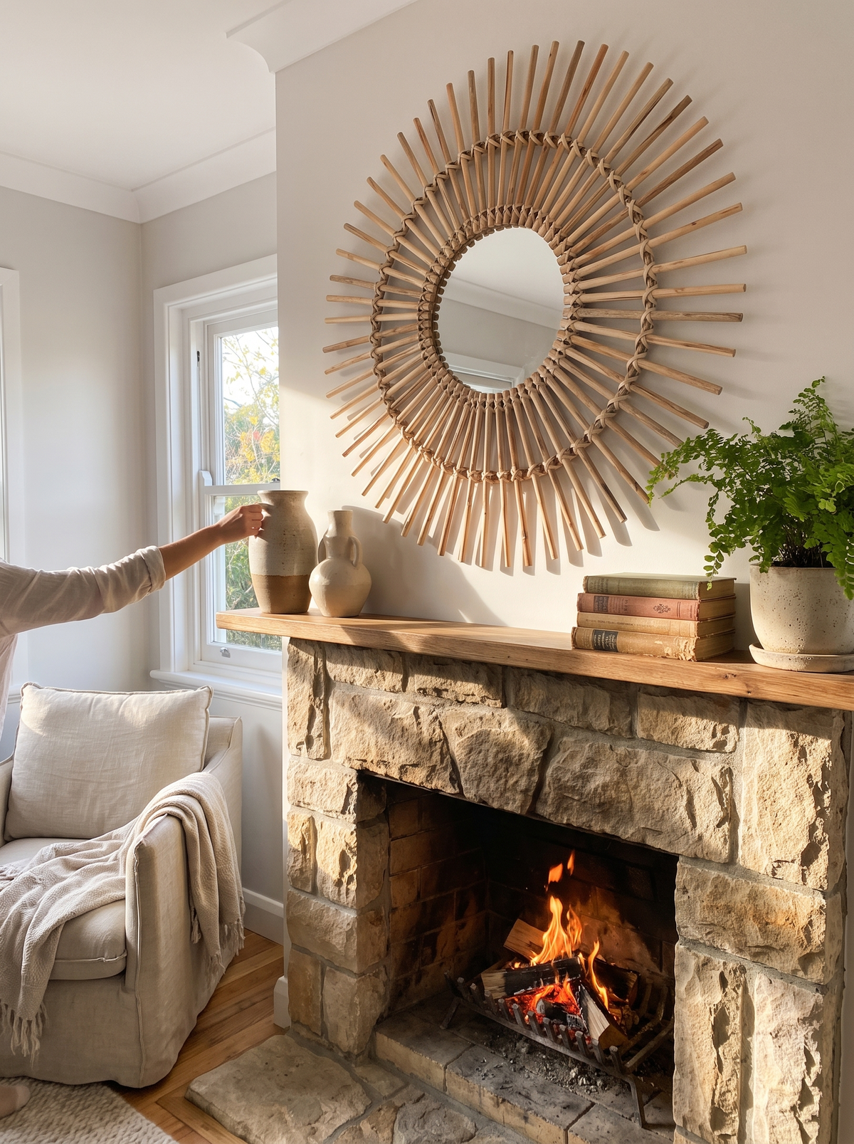 Handcrafted natural rattan round wall mirror, A Focal Point Above the Fireplace
