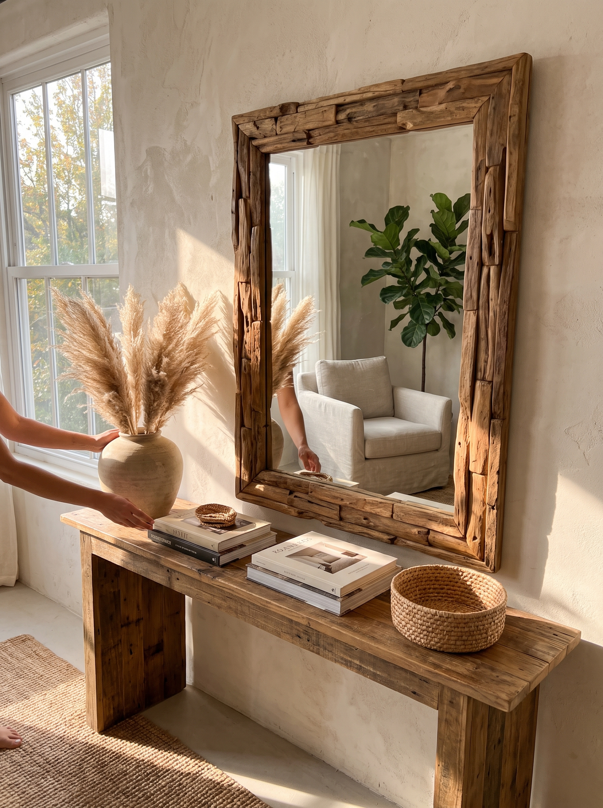 Rectangular wall mirror with recycled teak frame, Rustic Meets Modern
