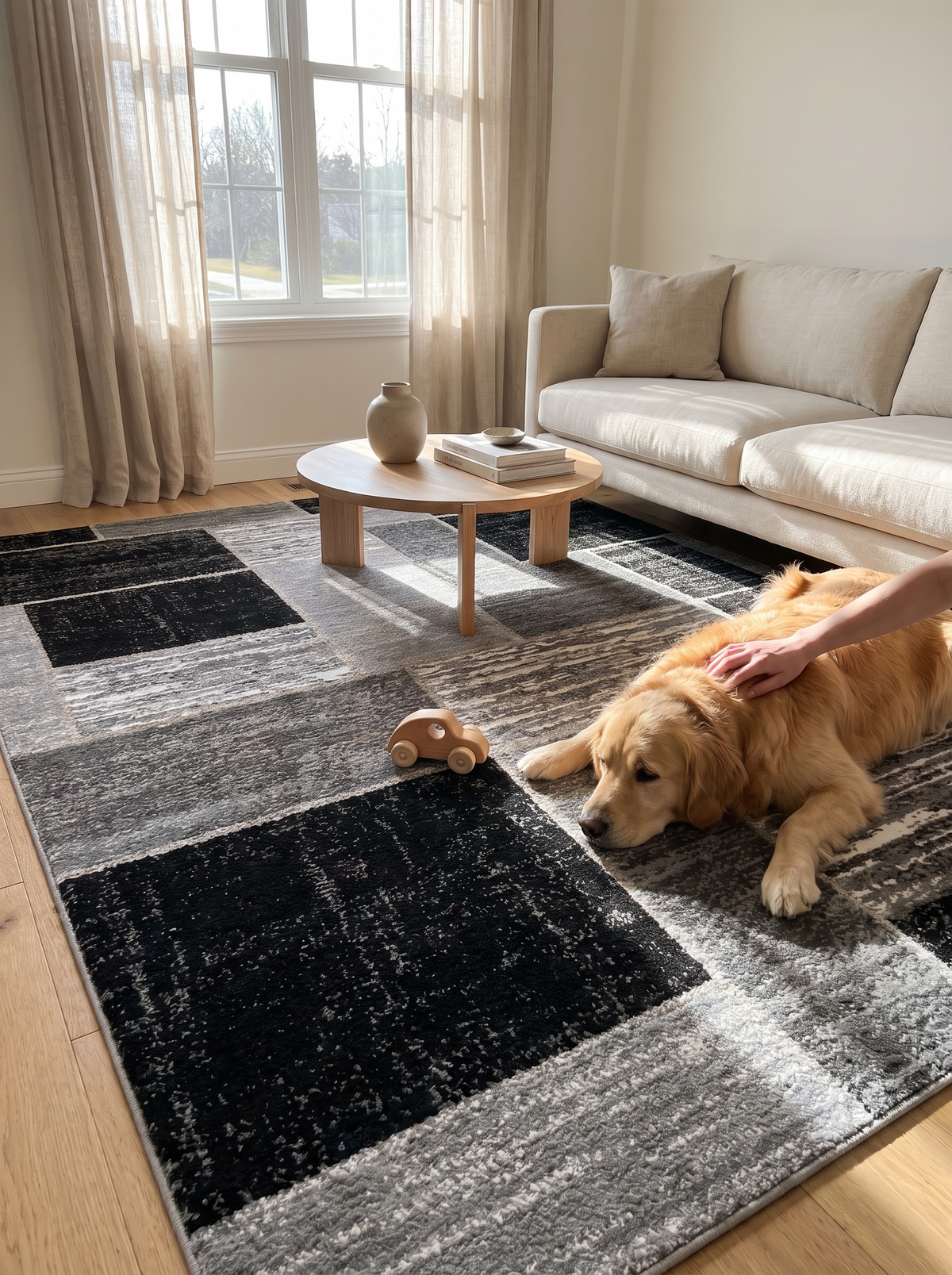 Coastal Grid black and grey outdoor rug, Machine Washable Freshness