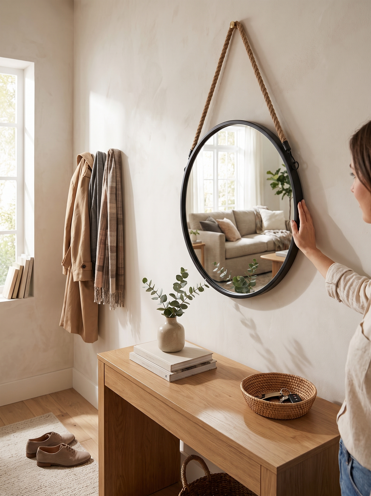 Round wall mirror with rope hanger and black metal frame, Simply Hang and Enjoy