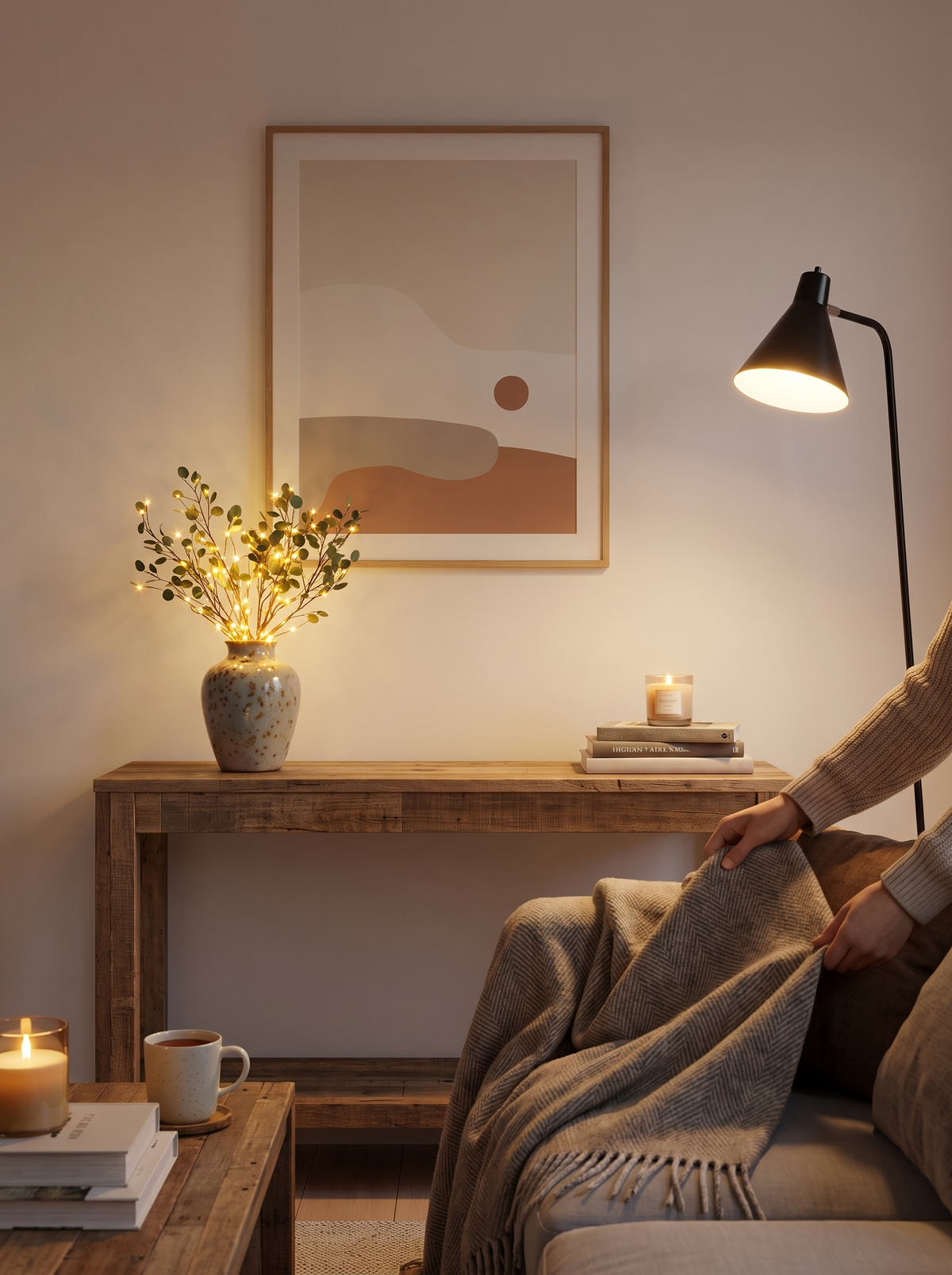 Olive branch LED fairy lights in a lifestyle setting, Cozy Evenings at Home