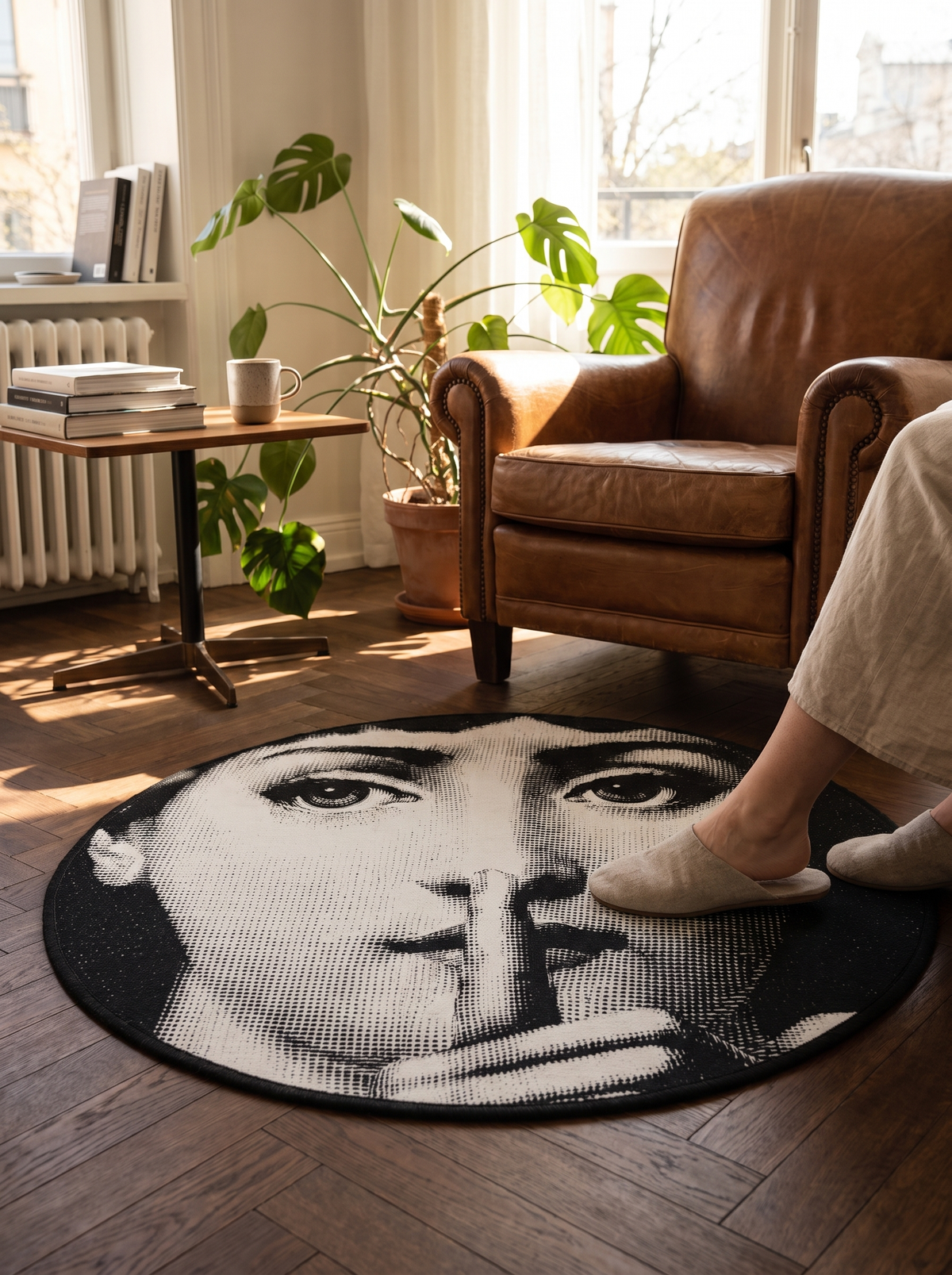 Artistic round graphic rug in a lifestyle setting, The Beauty of Round