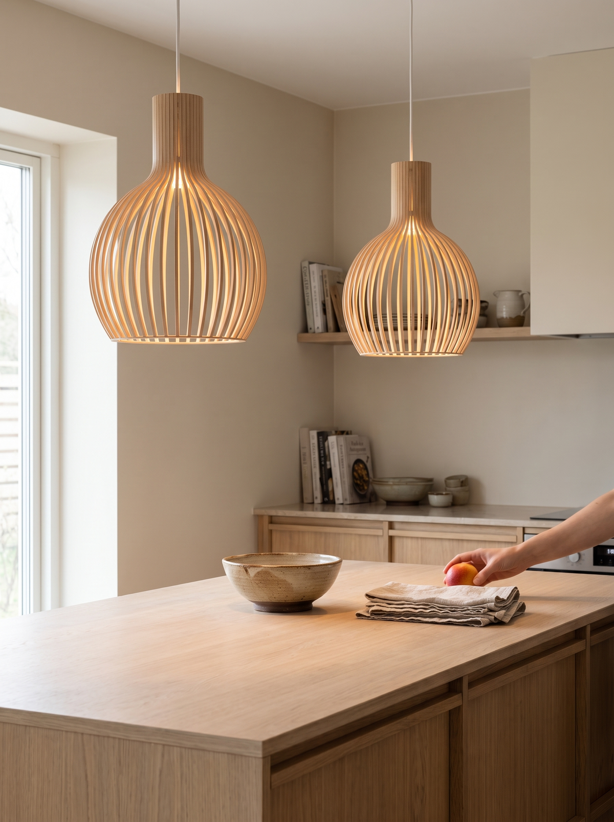 Handcrafted wooden pendant light over a dining table, Hang It Just Right