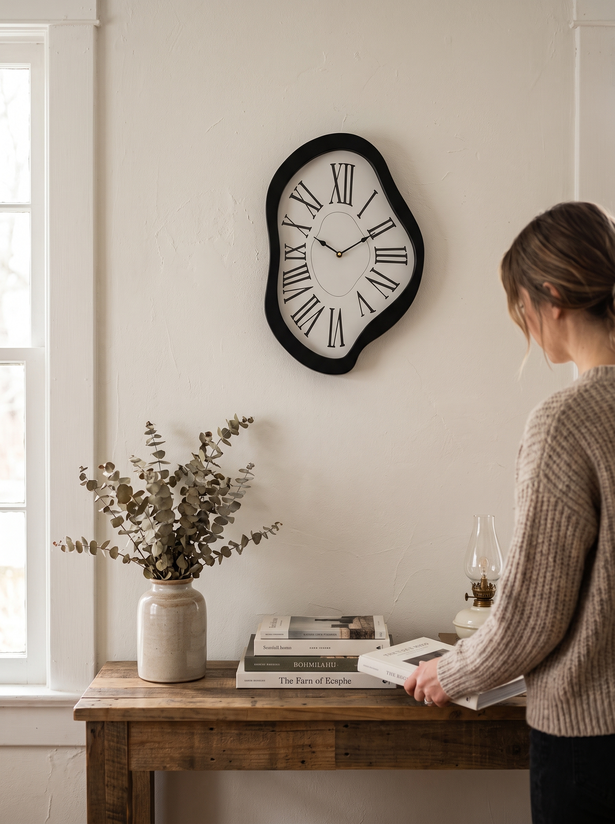 Surrealist acrylic wall clock with distorted Roman numerals, Flat Design, Easy Hanging