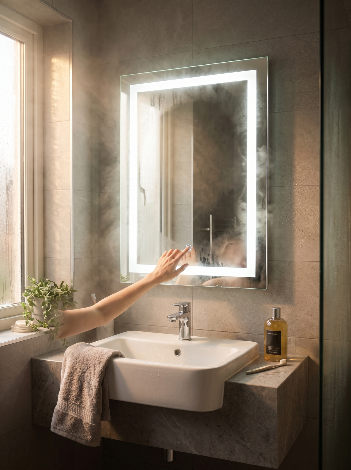 Illuminated LED bathroom mirror, clear after every shower