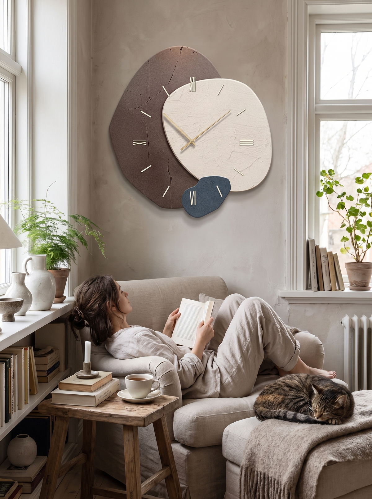Elegant asymmetrical real wood wall clock, Peace and Quiet, Beautifully