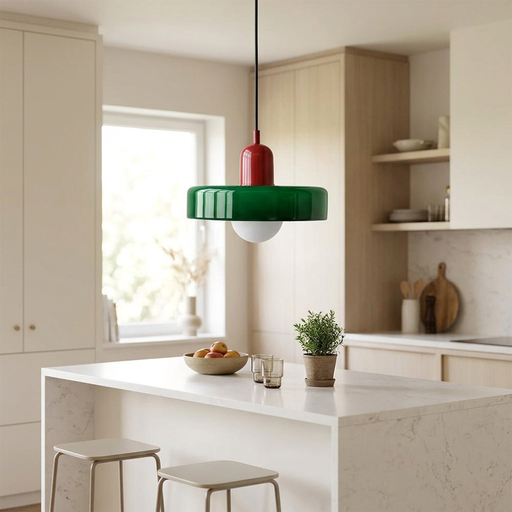 Red lamp body with green glass shade