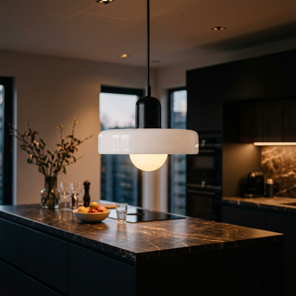 Black lamp body with white glass shade