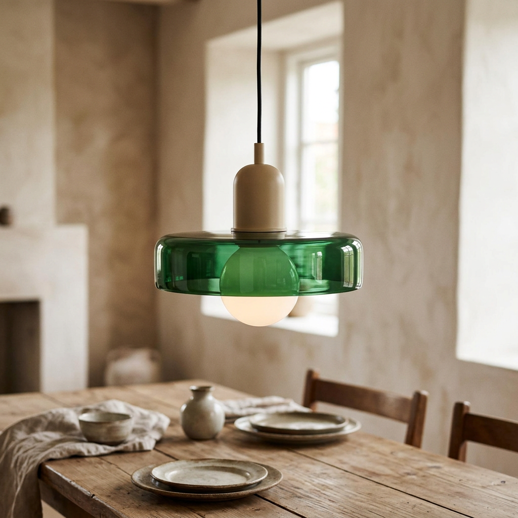 Beige lamp body with green glass shade