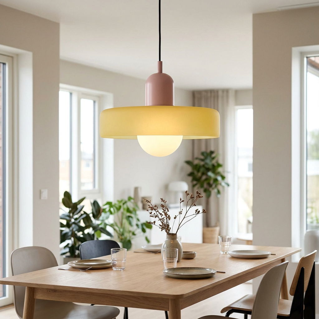 Pink lamp body with frosted yellow glass shade