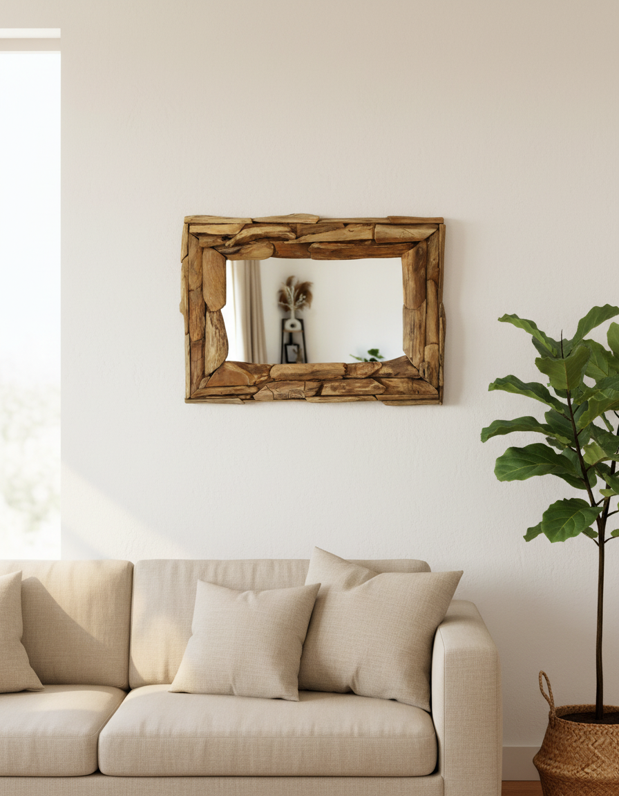 Elegant Rectangular Wall Mirror | Recycled Teak Frame with Versatile Mounting Options for Bathroom and Home Decor