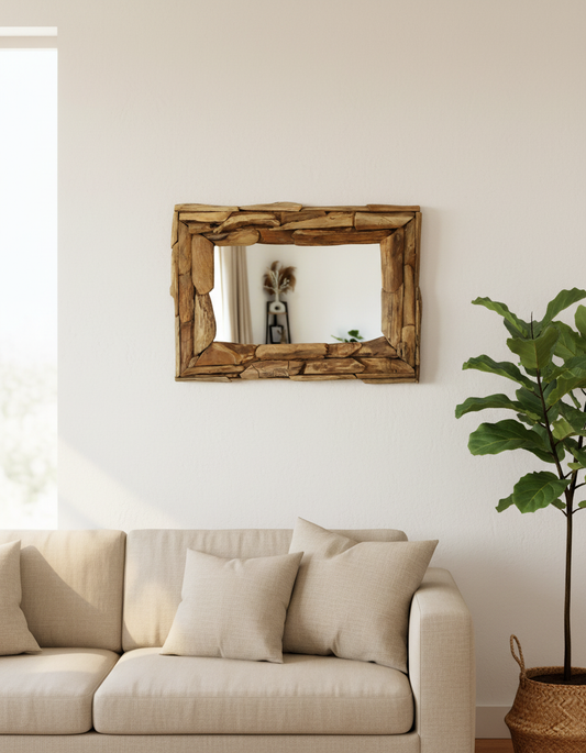 Elegant Rectangular Wall Mirror | Recycled Teak Frame with Versatile Mounting Options for Bathroom and Home Decor