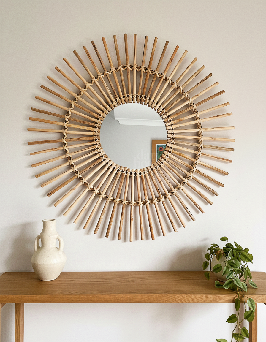 Natural Rattan | Large Round Wall Mirror with Handcrafted Bohemian Design | Perfect for Hallways and Fireplaces