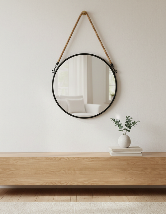 Round Wall Mirror with Rope Suspension & Metal Frame | Stylish Decor for Enhanced Room Ambiance