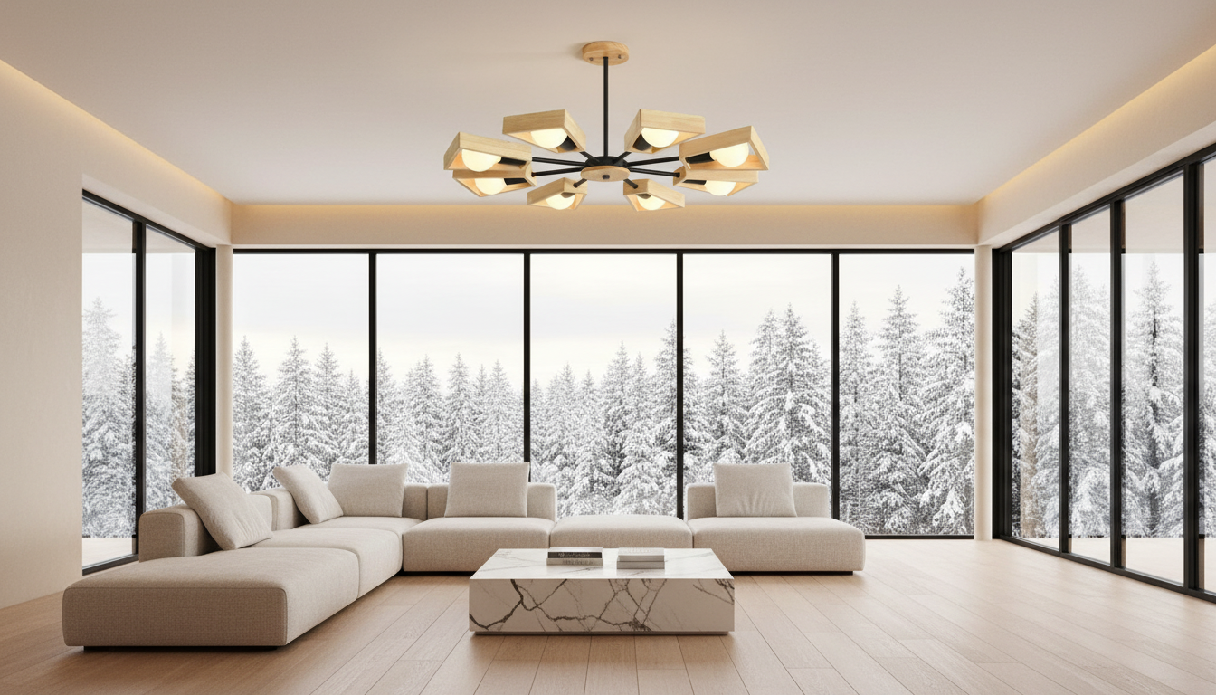 Modern Chandelier Light | Wooden Sputnik Design with Dimmable Features | Stylish Fixture for Dining Rooms