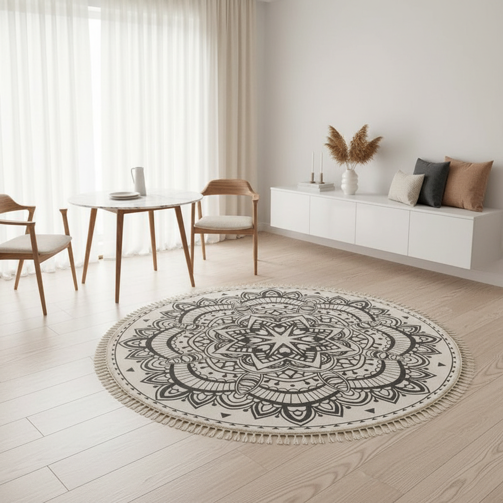 Boho Round Rug | Geometric Cotton Carpet with Easy Clean Design | Stylish Indoor Decor