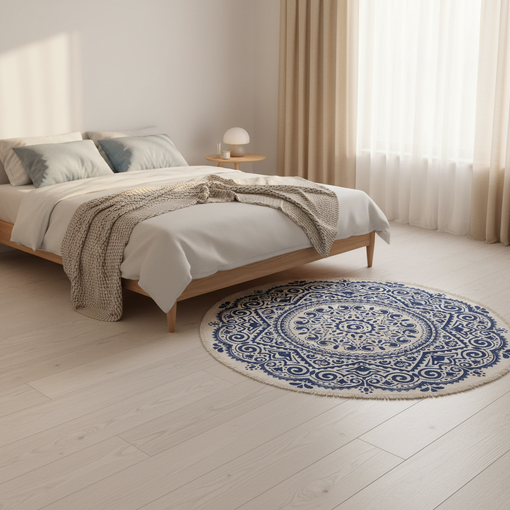 Boho Round Rug | Geometric Cotton Carpet with Easy Clean Design | Stylish Indoor Decor