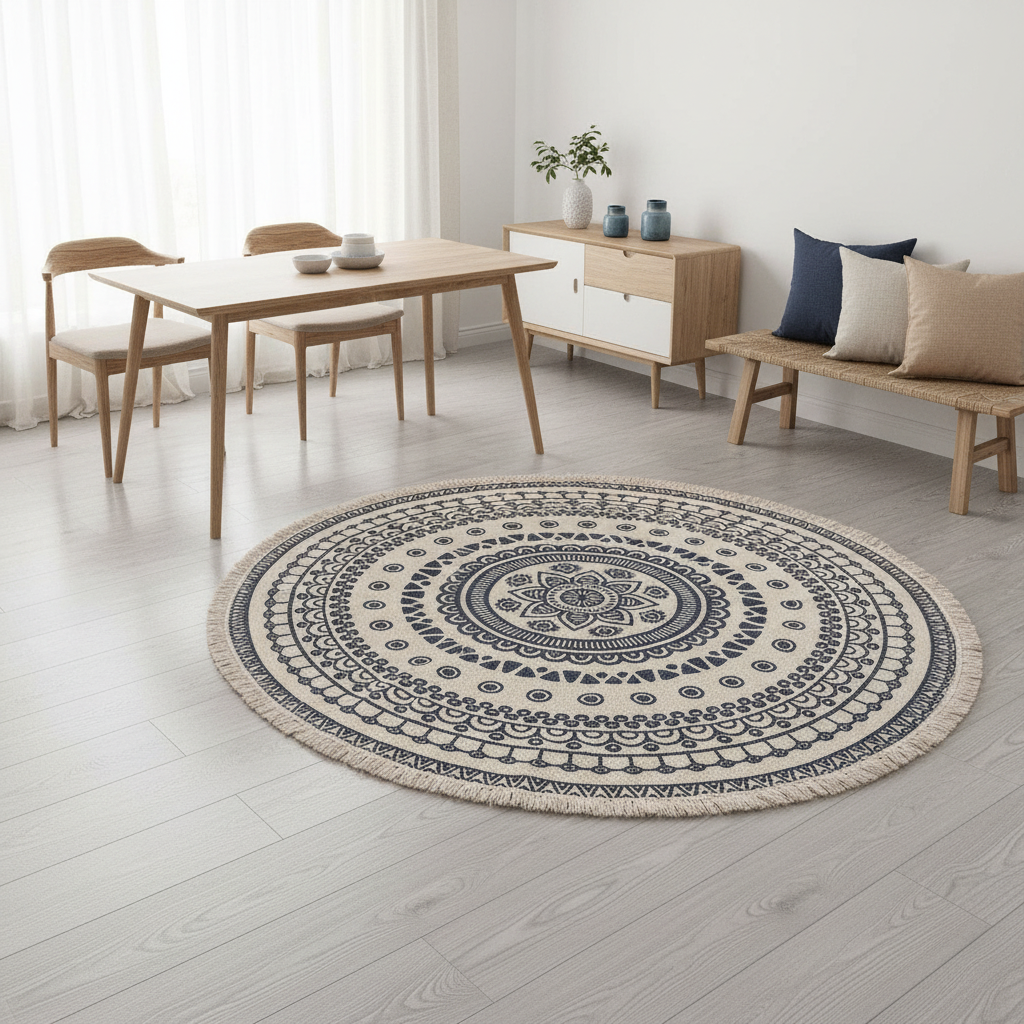 Boho Round Rug | Geometric Cotton Carpet with Easy Clean Design | Stylish Indoor Decor