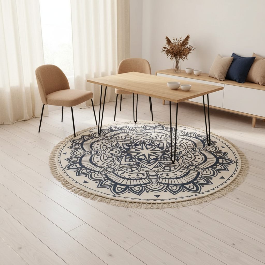 Boho Round Rug | Geometric Cotton Carpet with Easy Clean Design | Stylish Indoor Decor