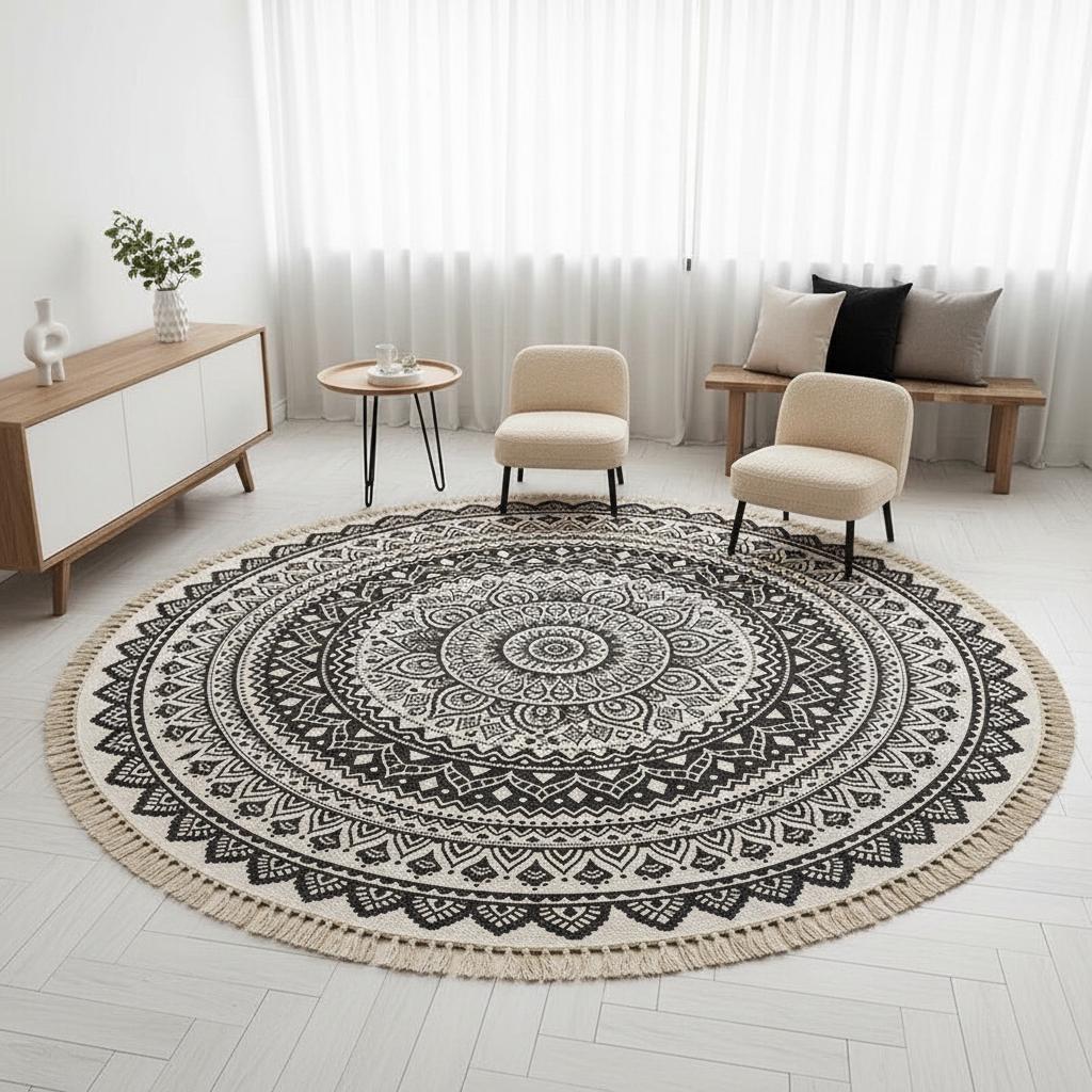 Boho Round Rug | Geometric Cotton Carpet with Easy Clean Design | Stylish Indoor Decor