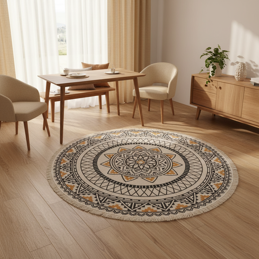 Boho Round Rug | Geometric Cotton Carpet with Easy Clean Design | Stylish Indoor Decor